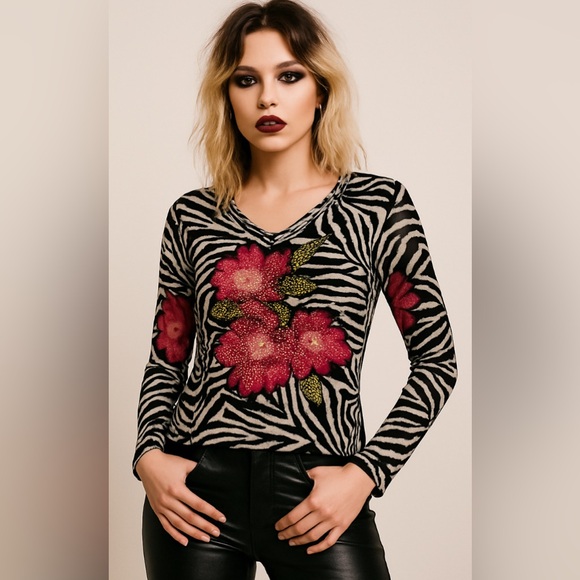 Kokomo Zebra Print Mesh Top with Rhinestone Floral Embellishments – Size M Sexy - Picture 1 of 16